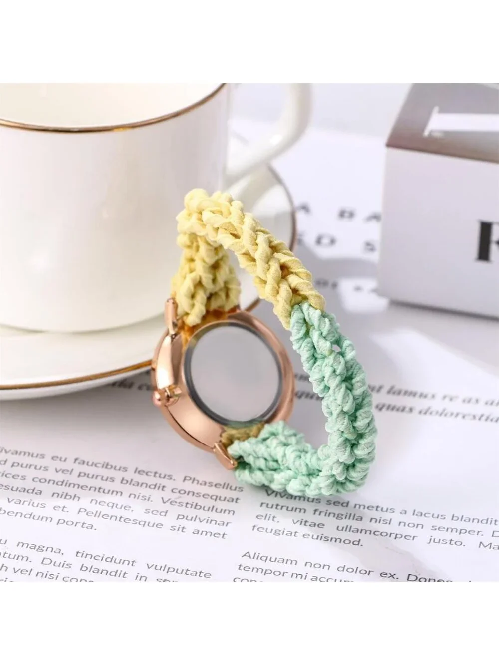 Women's Yellow Green Analog Stretch Band Elastic Colorful Weave Rope Wrist Watch